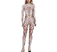 Women'S Futuristic Skeleton Robot Graphic Full Body Jumpsuit With Back Zipper Halloween Costume Sparkly Trousers For Women Uk Stretchy Work Mesh Festival Leggings