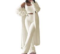 Women's Fuzzy 3 Piece Sweatsuit Open Front Cardigan Crop Tank Tops Wide Legs Trousers Lounge Sets Fleece Fluffy Sexy Solid Color Casual Thermal Outfit 3Pc Soft Cozy Nightwear Gifts for Her White