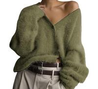 Women's Fuzzy Cardigan Sweater Slouchy Fluffy Loose Button Furry Knit Sweaters V-Neck Spring Soft Fur Sweater Coats Army Green