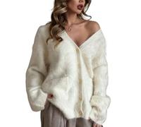 Women's Fuzzy Cardigan V Neck Long Sleeve Button Down Slouchy Furry Sweaters Chunky Knit Mohair Sweater Coat, Apricot, Small