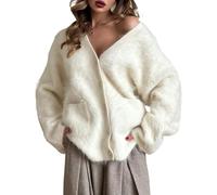 Women's Fuzzy Cardigan V Neck Long Sleeve Button Down Slouchy Furry Sweaters Chunky Knit Mohair Sweater Coat, Apricot, Small
