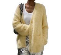 Women's Fuzzy Cardigan V Neck Long Sleeve Button Down Slouchy Furry Sweaters Chunky Knit Mohair Sweater Coat, Yellow, L