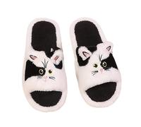 Women's Fuzzy Cat Print Open Toe Flat Slides Cozy Indoor Home Footwear Comfortable Soft Slippers For Fall Winter Seasons (Black, 4.5)