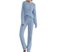 Womens Fuzzy Fleece Long Sleeve 2 Piece Loungewear Outfits Sweater Pants Pajama Sets Pants Suits for Women Tall (Blue, L)