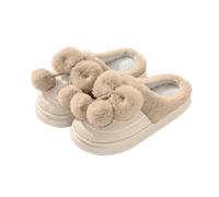 Women's Fuzzy Memory Foam Slippers Cozy Winter Slippers with Elegant Pom-poms Bow Soft Plush Comfy Warm Couple Slip-On Indoor Home Cosy Shoes (Khaki, 5.5)