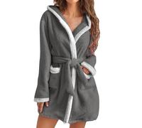 Womens Fuzzy Robes Hooded Short Robe Fall Winte Mid Length Bathrobe Belted Soft Bath Robes Plush Robe with Pockets Winter Spa Robes Velvet Sleepwear Sashes Nightgowns