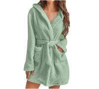 Womens Fuzzy Robes Hooded Short Robe Fall Winte Mid Length Bathrobe Belted Soft Bath Robes Plush Robe with Pockets Winter Spa Robes Velvet Sleepwear Sashes Nightgowns