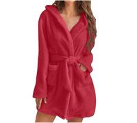 Womens Fuzzy Robes Hooded Short Robe Fall Winte Mid Length Bathrobe Belted Soft Bath Robes Plush Robe with Pockets Winter Spa Robes Velvet Sleepwear Sashes Nightgowns