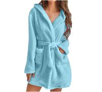 Womens Fuzzy Robes Hooded Short Robe Fall Winte Mid Length Bathrobe Belted Soft Bath Robes Plush Robe with Pockets Winter Spa Robes Velvet Sleepwear Sashes Nightgowns