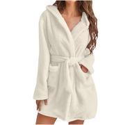Womens Fuzzy Robes Hooded Short Robe Fall Winte Mid Length Bathrobe Belted Soft Bath Robes Plush Robe with Pockets Winter Spa Robes Velvet Sleepwear Sashes Nightgowns