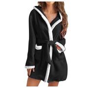 Womens Fuzzy Robes Hooded Short Robe Fall Winte Mid Length Bathrobe Belted Soft Bath Robes Plush Robe with Pockets Winter Spa Robes Velvet Sleepwear Sashes Nightgowns