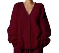 Womens Fuzzy Sweaters Cardigan V-Neck Button Down Oversized Mohair Sweater Casual Y2k 2025 Fall Winter, Burgundy, M