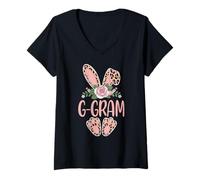 Women's G-GRAM Cute Leopard Bunny Ears Floral Easter V-Neck T-Shirt