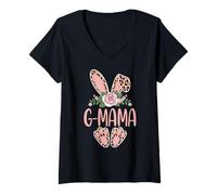 Women's G-Mama Cute Leopard Bunny Ears Floral Easter V-Neck T-Shirt