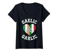 Women's Gaelic Garlic Half Irish Half Italian Flag Heart Celtic Knot V-Neck T-Shirt