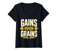 Women's Gains Over Grains Workout Bodybuilding Bold Text Athlete V-Neck T-Shirt