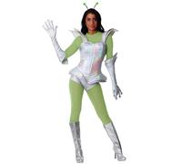 Womens Galactic Alien Babe Costume Intergalactic Romper, Gloves, Antennae Headband Space, Sci-Fi Party Outfit