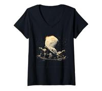 Womens Galactic Moon Tortoise Trio Cosmic Night V-Neck T-Shirt