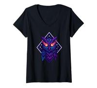 Womens Galactic Owl With Laser Eyes Cosmic Fantasy Artwork V-Neck T-Shirt