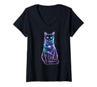Womens Galaxy Cat Cosmic Space Nebula Stars Universe V-Neck T-Shirt