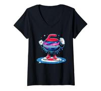 Women's Galaxy Curling Stone Cartoon Cosmic Athlete V-Neck T-Shirt