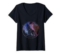 Women's Galaxy Wolf Howling Moon Celestial Wilderness Wildlife Art V-Neck T-Shirt