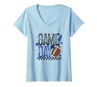 Womens Game Day Retro Football Season Blue & Black Lightning Bolt V-Neck T-Shirt