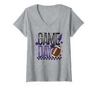 Womens Game Day Retro Football Season Purple & Black Lightning Bolt V-Neck T-Shirt