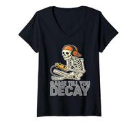 Womens Game Till You Decay - Hardcore Gamer Skeleton V-Neck T-Shirt