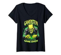 Womens Gamer Frankenstein Gamerstein Game Over Funny Halloween V-Neck T-Shirt