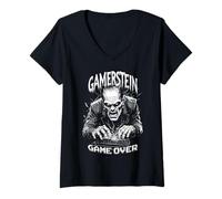 Womens Gamer Frankenstein Gamerstein Game Over Funny Halloween V-Neck T-Shirt