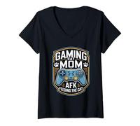 Women's Gaming Cat Mom AFK Feeding The Cat Gamer V-Neck T-Shirt