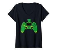 Women's Gaming Controller Pot of Gold Shamrock St Patricks Day Gamer V-Neck T-Shirt