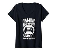 Women's Gaming Makes Me Happy School Makes My Head Hurt Video Gamer V-Neck T-Shirt