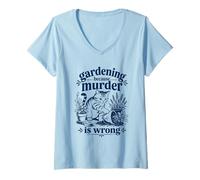 Women's Gardening Because Murder is Wrong Funny Cat Plant Lover V-Neck T-Shirt