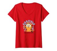 Womens Garfield Chibi Floral Too Cute to Care in Black Text V-Neck T-Shirt