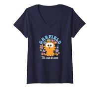 Womens Garfield Chibi Floral Too Cute to Care in White Text V-Neck T-Shirt