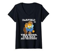 Womens Garfield Front and Back Western Good Bad Hungry Cartoon V-Neck T-Shirt