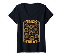 Womens Garfield Halloween Trick Treat Many Faces Retro Collage V-Neck T-Shirt