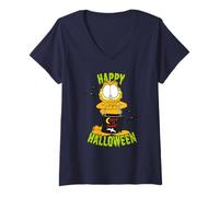 Womens Garfield Halloween Zombie Fun Friends Trick Treat Cartoon V-Neck T-Shirt