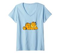 Women's Garfield Sleeping Happy V-Neck T-Shirt, Baby Blue, Medium