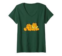 Women's Garfield Sleeping Happy V-Neck T-Shirt, Dark Green, XX-Large