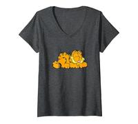 Women's Garfield Sleeping Happy V-Neck T-Shirt, Dark Heather Grey, Large