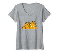 Women's Garfield Sleeping Happy V-Neck T-Shirt, Heather Grey, Medium