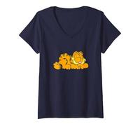 Women's Garfield Sleeping Happy V-Neck T-Shirt, Navy Blue, XX-Large