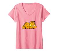 Women's Garfield Sleeping Happy V-Neck T-Shirt, Pink, Small