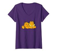 Women's Garfield Sleeping Happy V-Neck T-Shirt, Purple, Medium