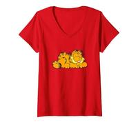 Women's Garfield Sleeping Happy V-Neck T-Shirt, Red, Large