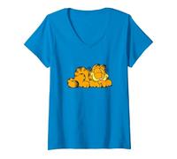 Women's Garfield Sleeping Happy V-Neck T-Shirt, Sapphire Blue, Small