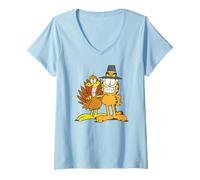 Womens Garfield Thanksgiving Pilgrim Friends Distressed Group Shot V-Neck T-Shirt